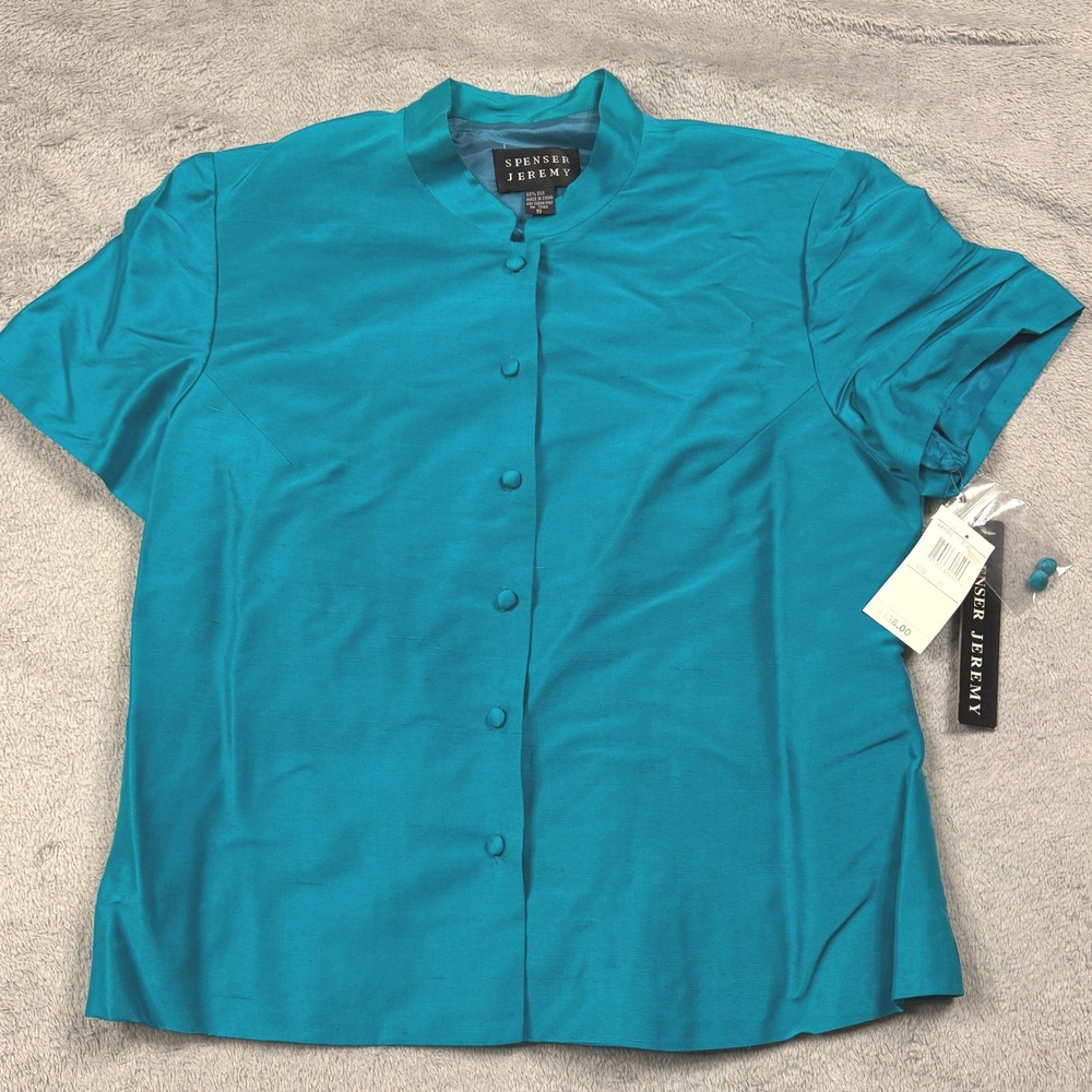 NWT SPENSER JEREMY Turquoise Silk Mandarin Collar Button Up Blouse Women Size 10